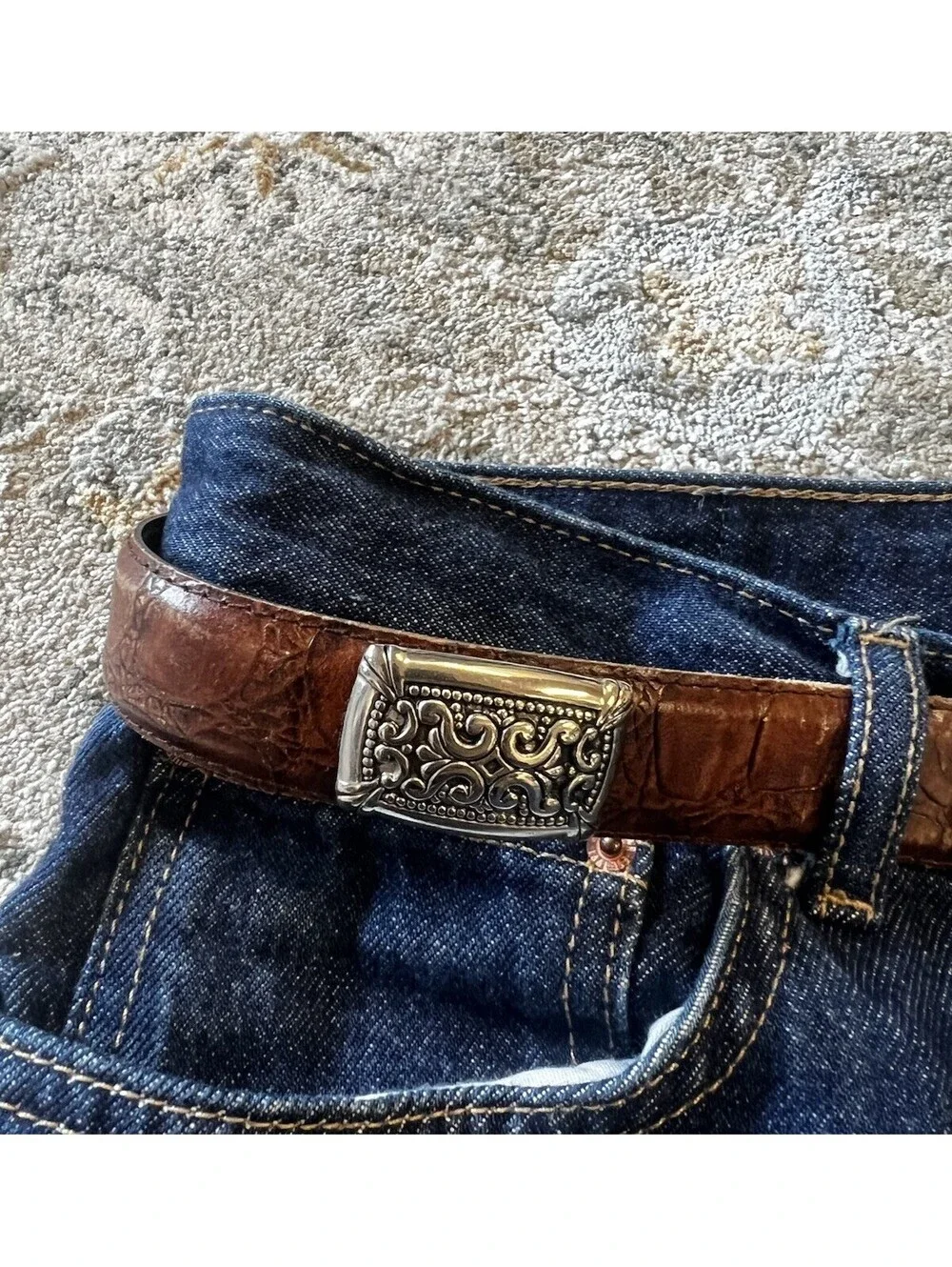 Vintage Brown Faux Croc Leather Western Belt Silvertone Filigree Hardware Size L